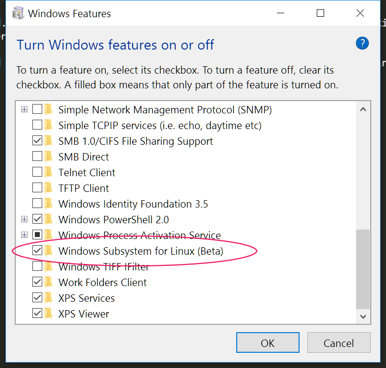 Turning on Windows Subsystem for Linux
